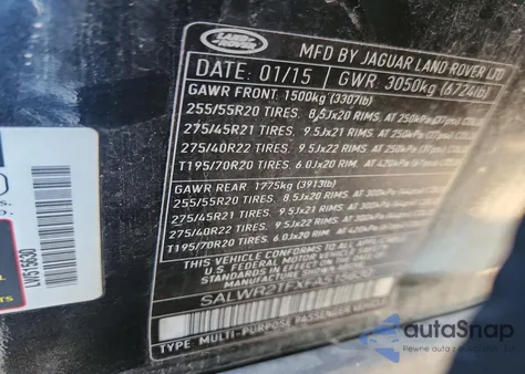 2015 Land Rover Range Rover Sport Sc z USA, uszkodzony, nr VIN SALWR2TFXFA515630